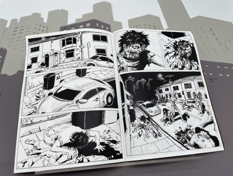 An open black‑and‑white comic book showing dramatic scenes of destruction, with damaged buildings, overturned vehicles, and distressed characters, set against a cityscape backdrop.