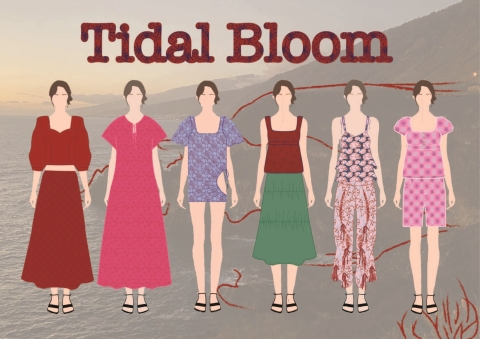 Illustration with the title "TIDAL BLOOM" the illustration shows illustrated models facing forwards and wearing concepts of various garments.