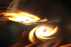 This artist's concept illustrates a hierarchical scheme for merging black holes