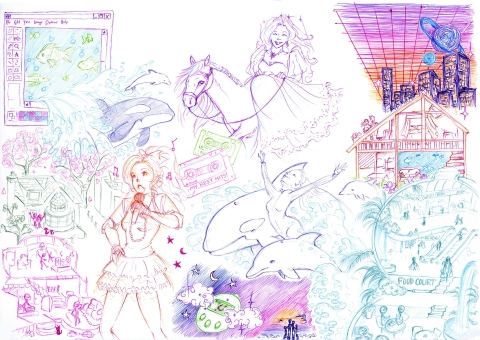 A colourful hand‑drawn collage mixing digital windows, singing and cherry blossoms, a cassette tape, a horse rider, a futuristic city, a food court scene, and ocean waves with dolphins, blending fantasy, technology, and everyday life into one vibrant composition.