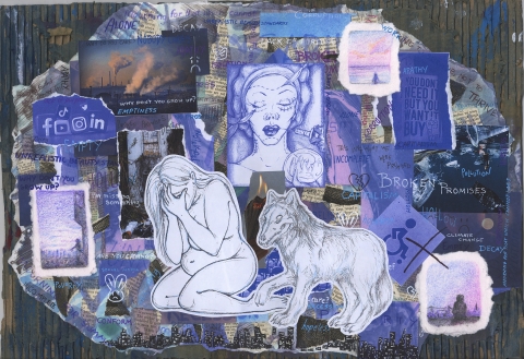 A mixed‑media collage featuring a sketched kneeling figure beside a wolf, surrounded by blue and purple drawings, city silhouettes, pollution imagery, and torn text fragments with words like “ALONE,” “DECAY,” “BROKEN PROMISES,” and “CLIMATE CHANGE,” creating a mood of isolation and societal distress.