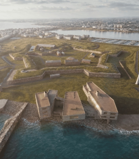 An aerial view of a historic coastal fort surrounded by water, with a marina and town visible beyond.