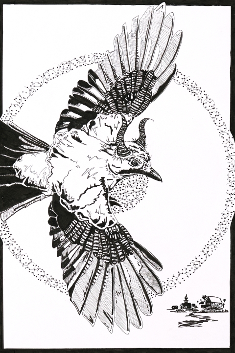 A black‑and‑white drawing of a bird in flight whose body blends into a human face, framed by a circular motif with a small landscape in the corner.