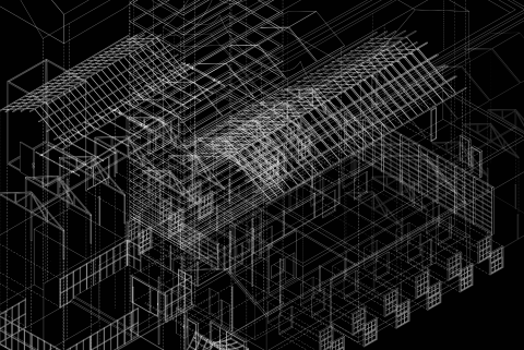 A detailed white wireframe model of a multi‑level building shown against a black background, revealing structural grids, beams, walls, and roof forms in a transparent, layered 3D view.