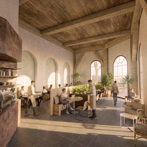 A sunlit café interior with tables, chairs, and people in warm tones.