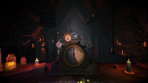 a screenshot of a video game - in the shot of a video game is an old wooden clock with elements such as a sun on it