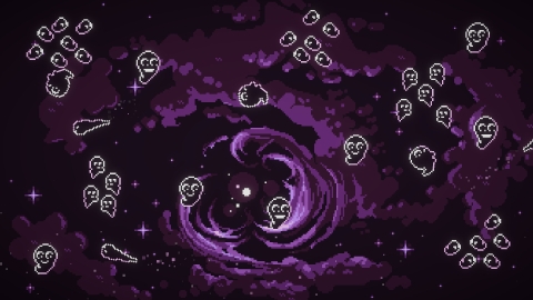 a screenshot from 'voidloop' video game. it looks like they are in space or in the clouds. the colour grading is purple and black and there are several little ghost like characters.