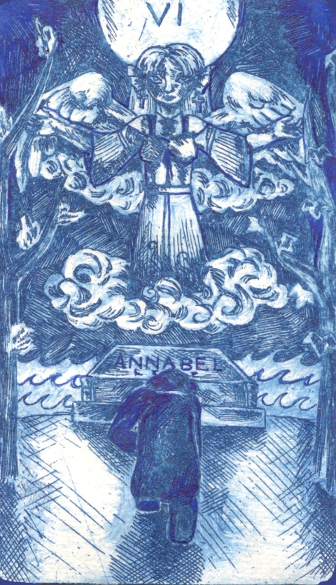 A blue‑toned engraving‑style scene marked “VI,” showing an angel with wings and a halo standing in clouds above a kneeling figure at a tomb inscribed “ANNABEL,” framed by dark textured shading.