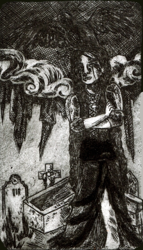 A dark, textured illustration of a long‑haired figure in black standing in a graveyard with crossed arms, large shadowy wings rising behind them, and gravestones and a coffin under a cloudy sky.