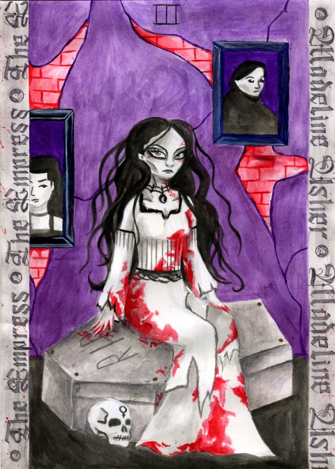 A gothic illustration titled with ornate borders, showing a pale dark‑haired figure in a blood‑spattered white gown sitting on a stone coffin, with cracked purple walls, two somber portraits, and a skull on the floor beneath the label “The Sorceress of Darkness of the Shakeline Sisterhood,” marked with the Roman numeral II.