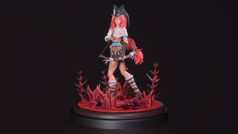 A detailed 3D warrior character stands on a circular base surrounded by red plants, wearing a wolf‑head headdress, fur clothing and carrying a bow with an arrow, lit dramatically against a dark background.