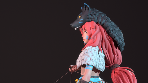 A stylised 3D character stands in profile wearing a wolf headpiece with glowing eyes, white fur around the shoulders, blue body paint, and holding a bow.