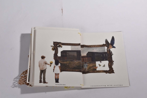 An open art book showing a collage of two figures on the left and a framed collage of buildings and butterflies on the right.