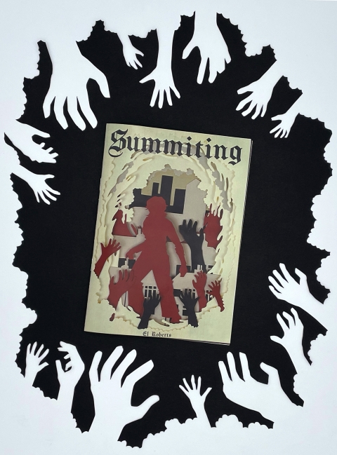 A stylised poster titled “Summoning,” showing a red figure surrounded by reaching red hands, framed by a black border filled with white hand silhouettes pointing inward.
