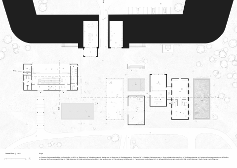 A technical architectural plan showing multiple rectangular rooms arranged in a grid, with two large curved roof forms above and a title block along the bottom.