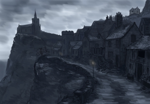 concept game art with what looks like a medieval village - at the top of the village looks like a castle.
