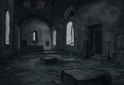 video game concept art featuring what looks like the inside of a church or place of worship. it is dark and a cross can be seen on an altar in the background