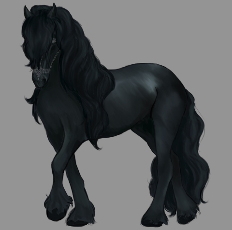 video game concept art of a black horse with a long main. the horse face lefts and has its left front leg slightly raised.