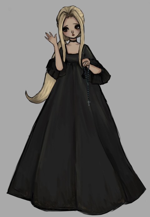 video game concept art of a shepherd girl with long blond hair - who appears to be holding a necklace with a cross on it.