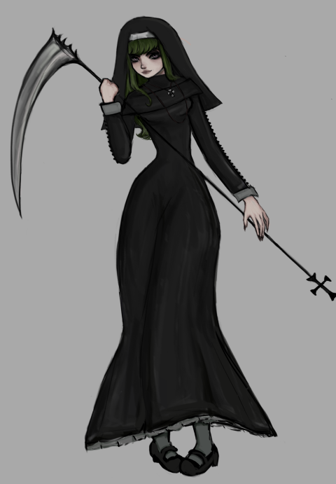 video game concept art of a nun holding a scythe