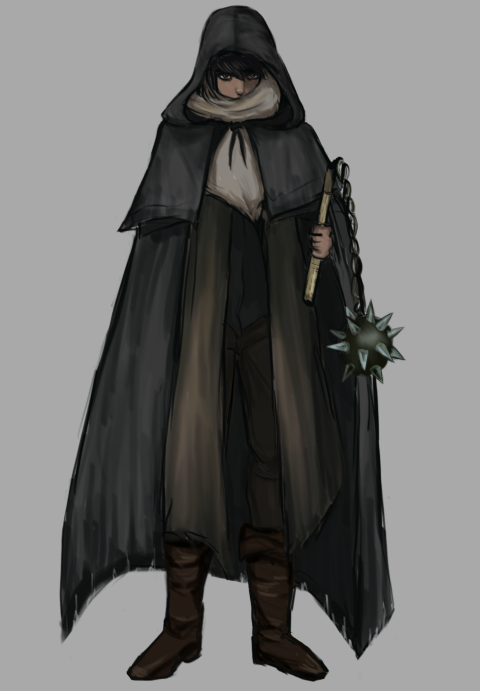 concept art of a cloaked figure whose face is covered by fabric. the character holds a flail as a weapon