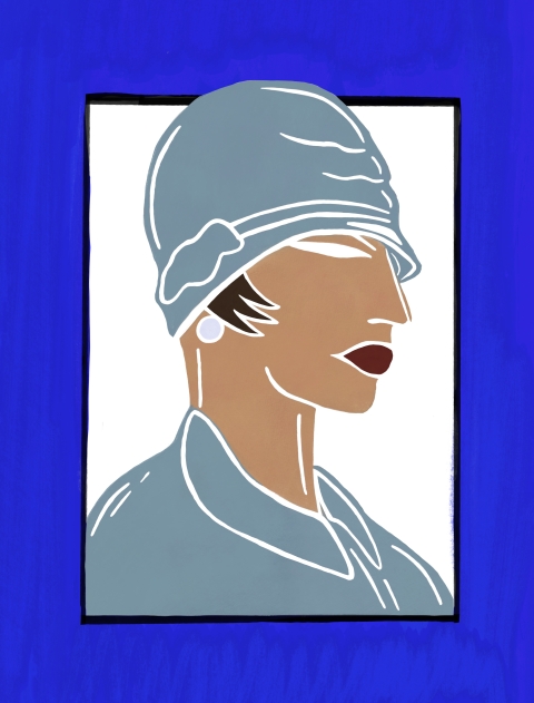A stylised left‑facing profile of a person in a light blue hat and matching outfit, drawn with bold flat colours on a white background framed in vivid blue.