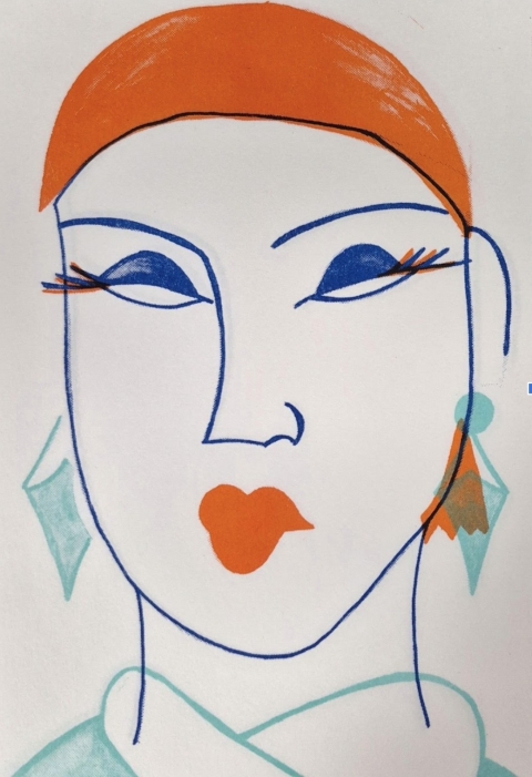A simple, colourful line‑drawing of a face with blue outlines, dark blue almond eyes, long orange lashes, bright orange lips, an orange cap, and geometric turquoise‑and‑orange earrings.