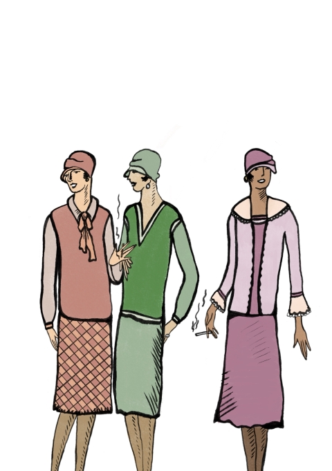 Three figures in 1920s fashion wearing cloche hats and knee‑length dresses—one in pink and patterned skirts, one in green with a deep V neckline, and one in lavender with black trim—two holding cigarettes