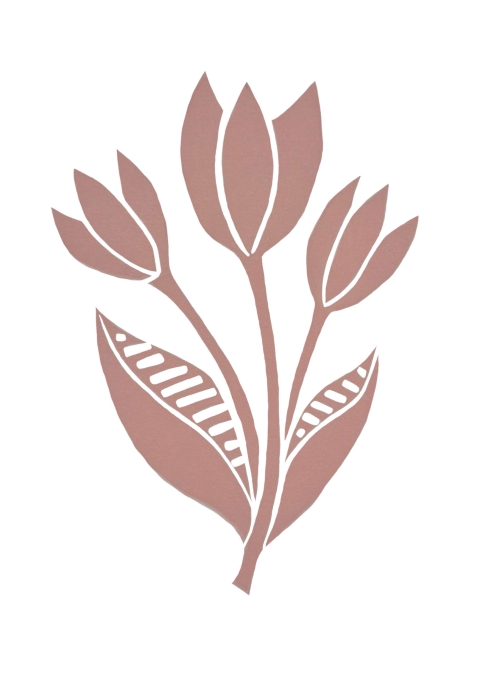 A simple pink‑brown illustration of three tulip‑like flowers with long petals and patterned leaves on a white background.