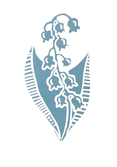 A simple blue illustration of a lily‑of‑the‑valley stem with small bell flowers and two large patterned leaves on a white background.