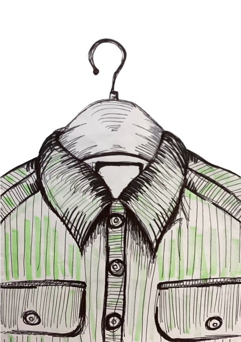 A hand‑drawn collared shirt on a hanger, outlined in black with faint light‑green vertical stripes.