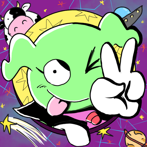 Green alien figure with oversized eyes and an energetic pose, set against a bold, high‑contrast backdrop.