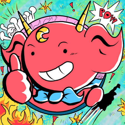 Red unicorn/devil‑like creature giving a cheerful thumbs‑up, its face exaggerated and cartoonish against a bright background.
