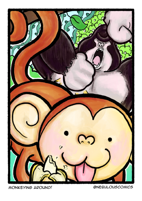 A smiling monkey surrounded by other cartoon animals on a colourful background.