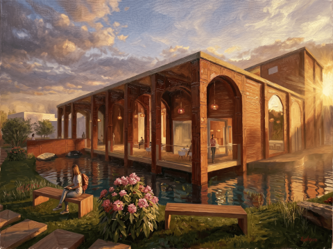 A brick building with tall arched openings beside a reflective pool, surrounded by flowers and soft golden light.