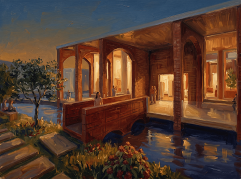 An exterior painting of an arched brick building beside water, lit with warm evening tones.