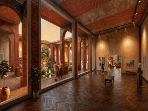 An interior gallery scene with tall windows, wooden floors, and artworks glowing in soft light.