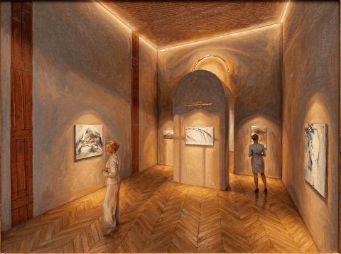 An arched gallery interior with framed artworks and small figures viewing the pieces.