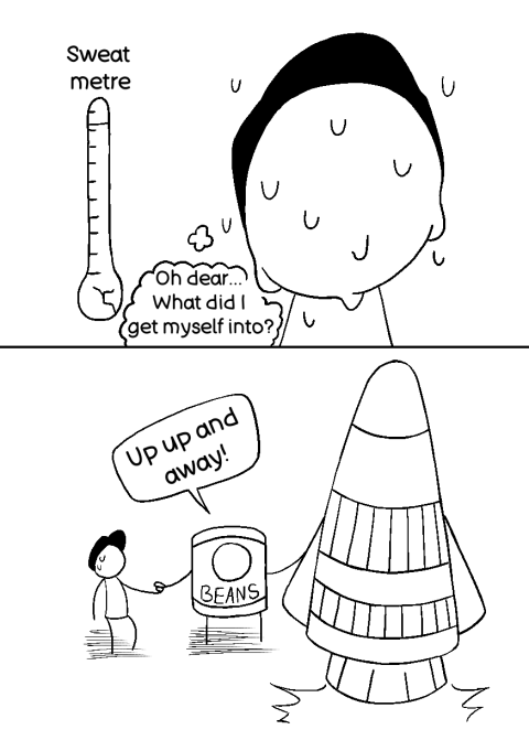 A two‑panel comic showing a character sweating beside a “sweat metre,” then preparing to launch a rocket‑powered can of beans.