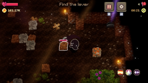 an ingame screenshot of voidloop - the screenshot features a little ghost-like character in what appears to be a cave. there is an instruction "find the lever"