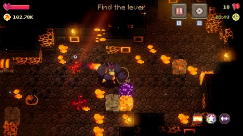 in game screenshot of 'voidloop'. this appears to take place in a cavern with lots of fire and lava surrounding. it is unclear what the main character is in this image.