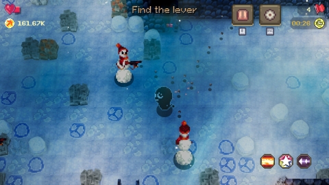 an ingame screenshot of voidloop - the screenshot features a little ghost-like character in what appears in an icy area with some snowmen. there is an instruction on screen "find the lever"