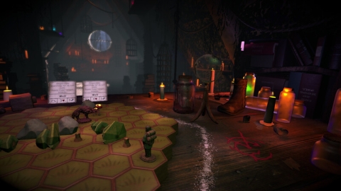 a screenshot from a video game - you can see a hexagonal game board on a wooden table that is computer animated. it appears to take place in a wooden hut type room.