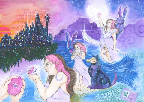A colourful fantasy scene with three pink‑haired figures using glowing magical objects, accompanied by large purple animal‑like creatures, set against a sky shifting from sunset to moonlit night with a futuristic city on one side and waves on the other.