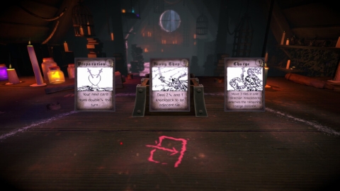 a screenshot from a video game - this takes place in a dark cabin like room with candles. The point of view of the player shows 3 cards they can pick. they are titled "preparation", "heavy chop" and "charge". 