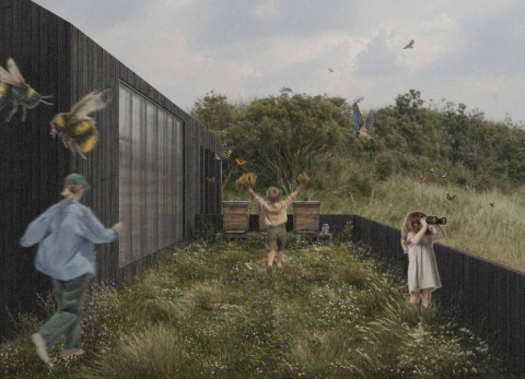 Three people in a grassy, fenced outdoor area with tall plants and several large bees flying overhead.