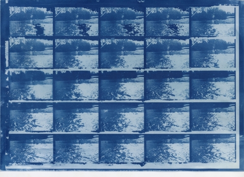 A cyanotype grid of sequential water frames, showing ripples and a tree‑lined bank in deep blue tones.