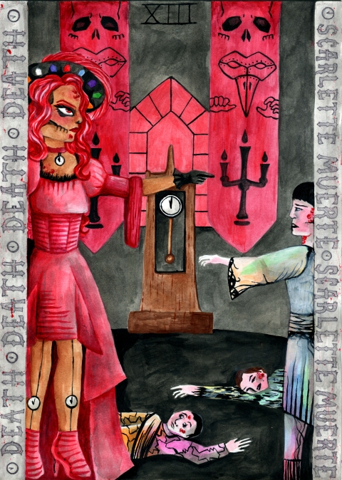 A gothic tarot‑style illustration labelled “XIII,” showing a tall red‑dressed skeletal figure beside a grandfather clock, with skull banners, fallen figures on the floor, and the borders reading “DEATH” and “SCARLET MURDER.”