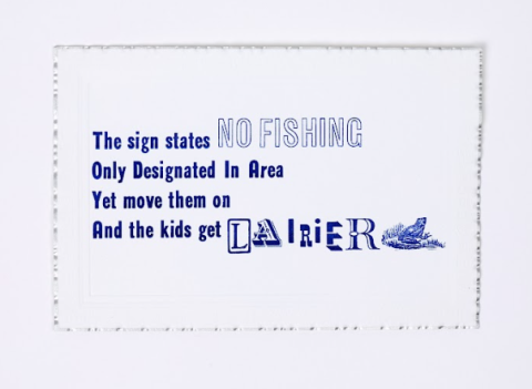 Blue‑lettered artwork showing a poetic message about “No Fishing” signs, with varied typography and a small fish illustration.