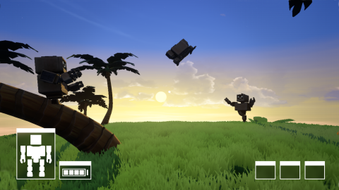 Three blocky robots on a grassy hill at sunset, with palm trees and a simple game HUD visible.